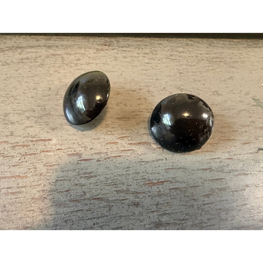 Vintage Black Dome Clip On Earrings High Shine Circular Button Retro Minimalist